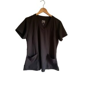 Barco One Womens Scrub Top Black V-Neck 2-Pocket Medical Uniform Medium